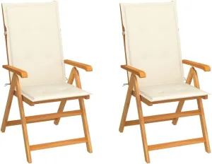 Patio Chairs Set 2 pcs with Cream Cushions Solid Teak Wood 7 Reclining Positions Foldable Outdoor Furniture