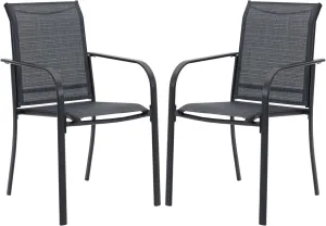 Patio Dining Chairs Set of 2, Stackable Outdoor Textilene Chairs with High Back, Armrests, Outdoor Metal Frame Patio Chairs for Porch, Lawn, Garden, Deck, Grey Fabric