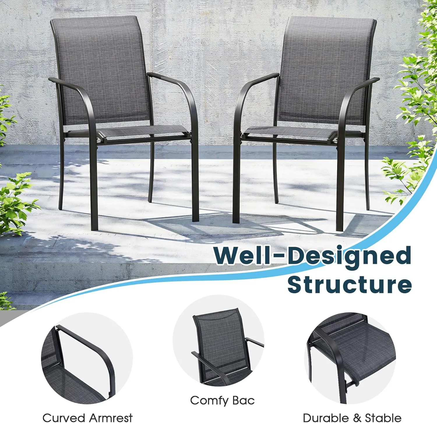 Patio Dining Chairs Set of 2, Stackable Outdoor Textilene Chairs with High Back, Armrests, Outdoor Metal Frame Patio Chairs for Porch, Lawn, Garden, Deck, Grey Fabric