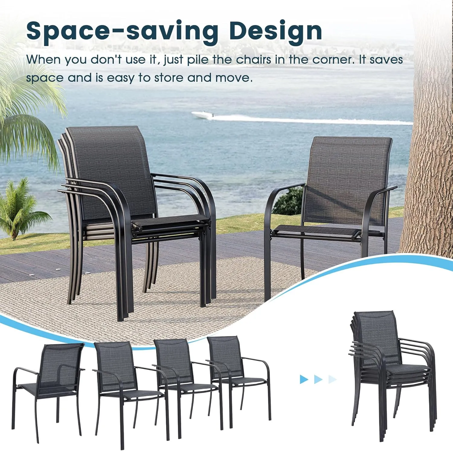 Patio Dining Chairs Set of 2, Stackable Outdoor Textilene Chairs with High Back, Armrests, Outdoor Metal Frame Patio Chairs for Porch, Lawn, Garden, Deck, Grey Fabric