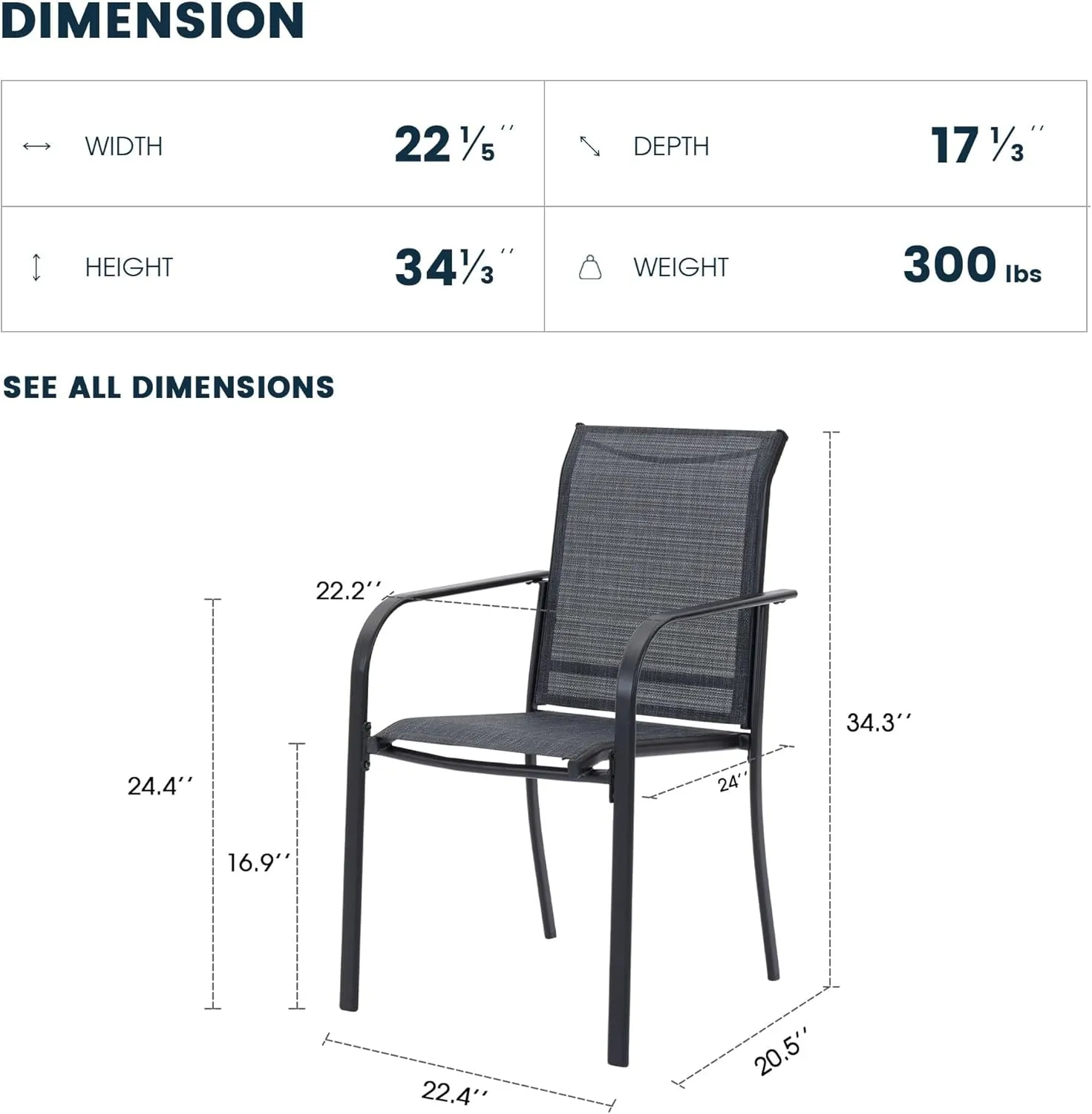 Patio Dining Chairs Set of 2, Stackable Outdoor Textilene Chairs with High Back, Armrests, Outdoor Metal Frame Patio Chairs for Porch, Lawn, Garden, Deck, Grey Fabric