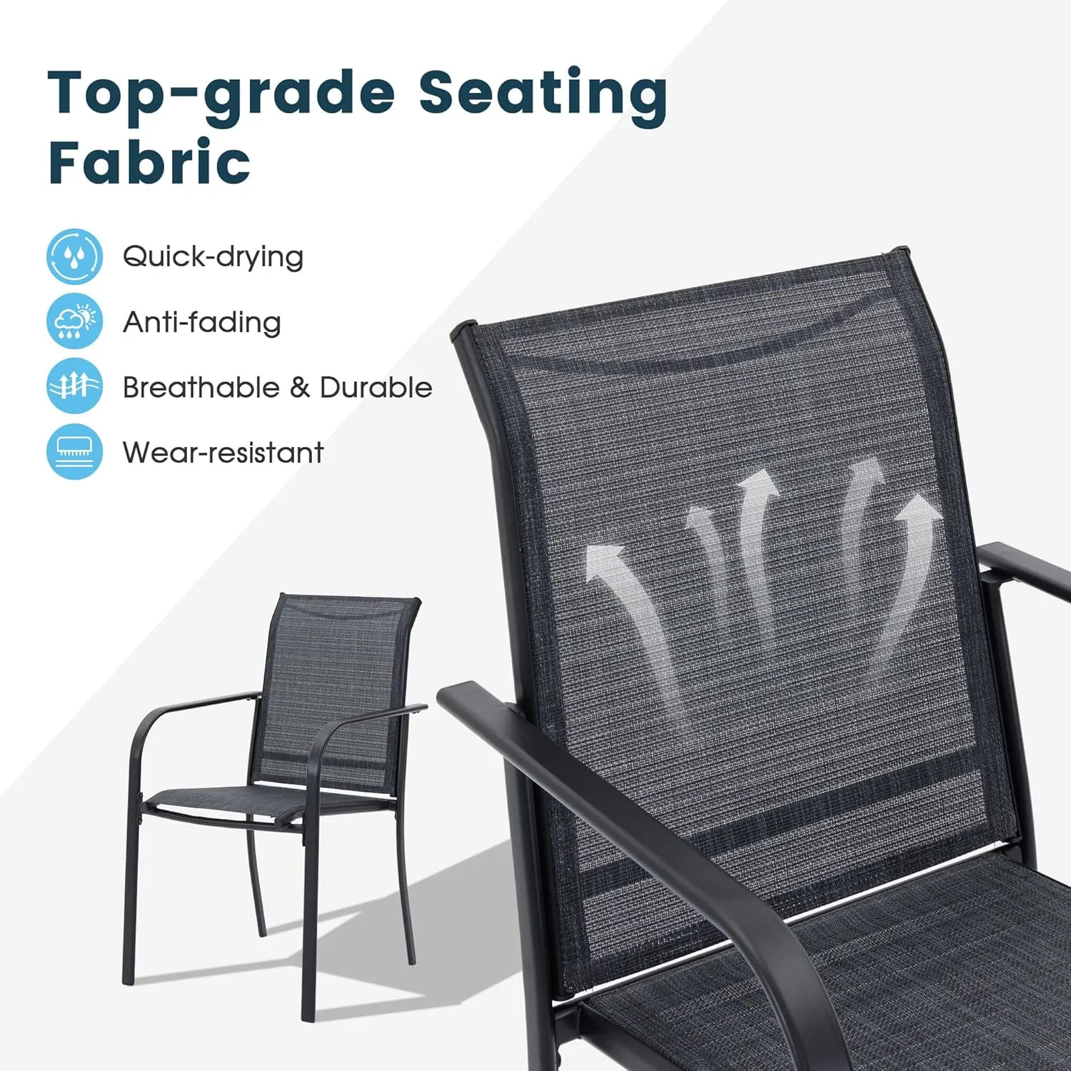 Patio Dining Chairs Set of 2, Stackable Outdoor Textilene Chairs with High Back, Armrests, Outdoor Metal Frame Patio Chairs for Porch, Lawn, Garden, Deck, Grey Fabric