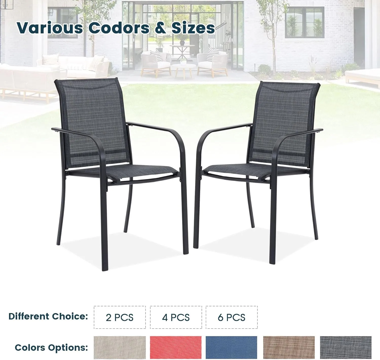 Patio Dining Chairs Set of 2, Stackable Outdoor Textilene Chairs with High Back, Armrests, Outdoor Metal Frame Patio Chairs for Porch, Lawn, Garden, Deck, Grey Fabric