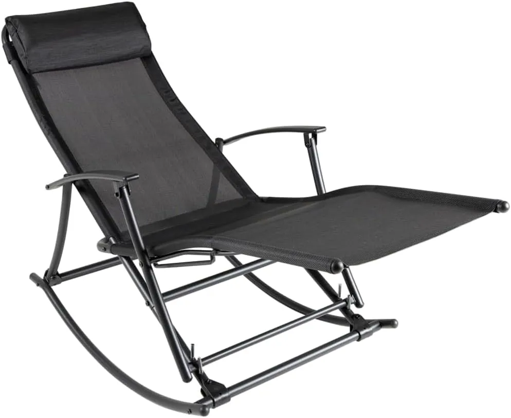 Patio Rocking Chair Steel and Textilene Black Folding Outdoor Lounge Chair with 2 Reclining Positions for Poolside, Beach, Camping, and Deck Relaxation