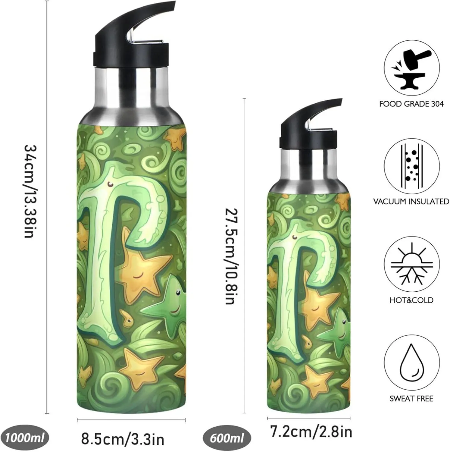 Patterns Cartoon Starfish Sport Water Bottle Insulated Stainless Steel Large Vacuum Flask Leak Proof Thermos with Straw for Travel(600ml/1000ml)