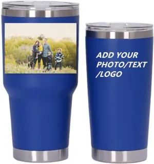 Personalized Photo 20oz 30oz Stainless Steel Tumbler,Custom Coffee Tumbler Cup With Lid And Strawstraw Vacuum Insulated With Text Photo Logo (Blue)