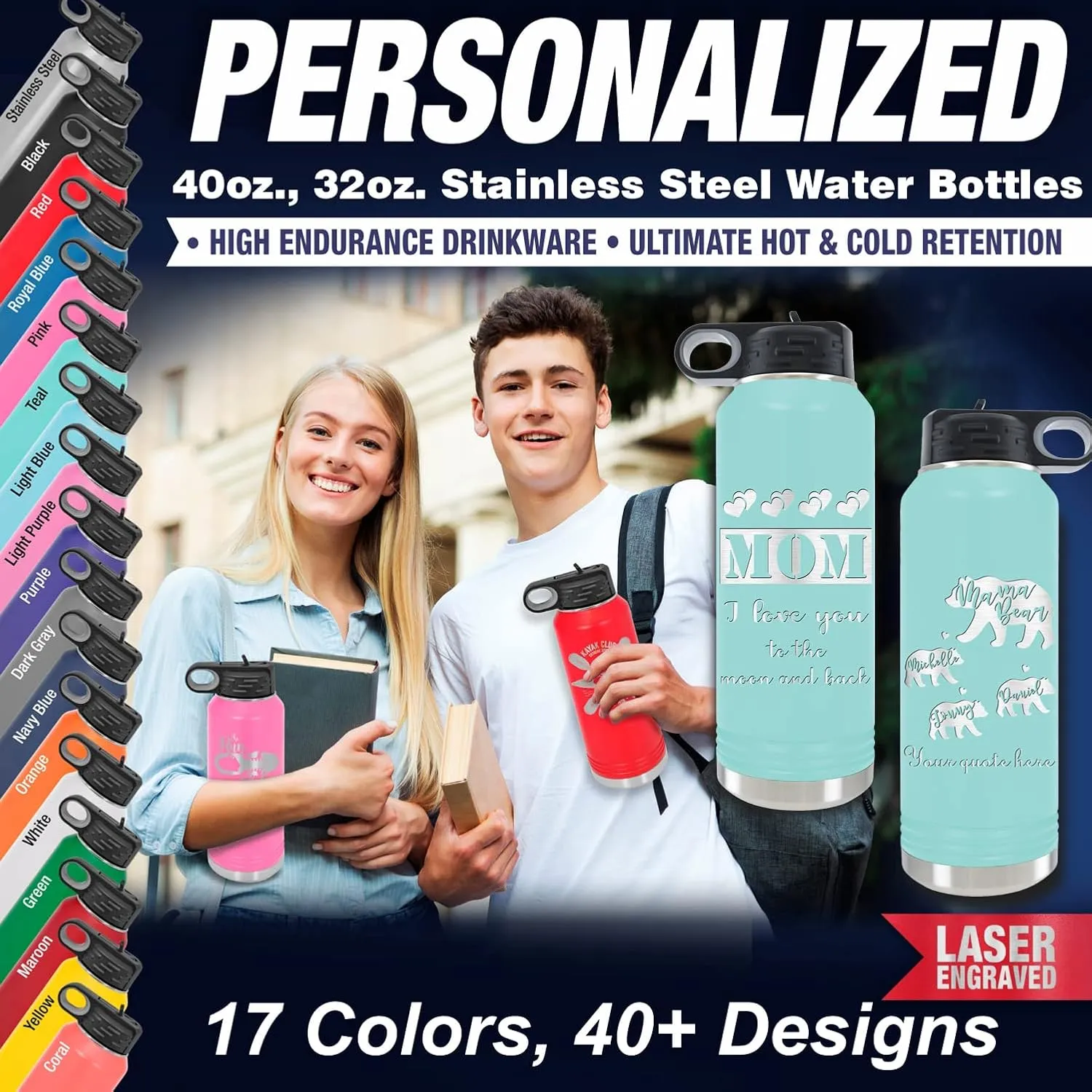 Personalized Water Bottle 40oz/32oz with Flip-Top Lid and Straw, Customized Vacuum Insulated Water Flask, Stainless Steel Sports Double Wall Thermos, Name/Text Engraved by iProductsUS (Teal)