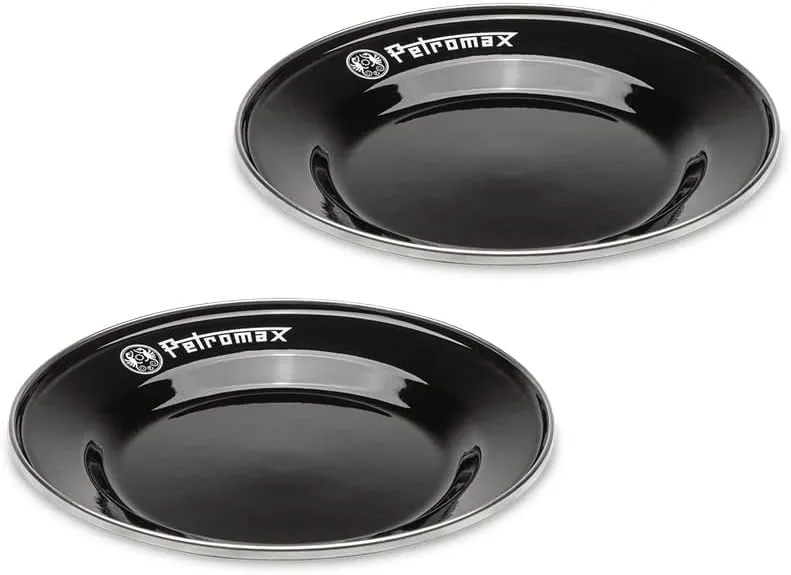 Petromax Enamelware Dinnerware Plates, Traditional Lightweight Enameled Steel Tableware for Kitchen and Camping, 2 Pack for Hot or Cold Food, 10.2 inch, Black