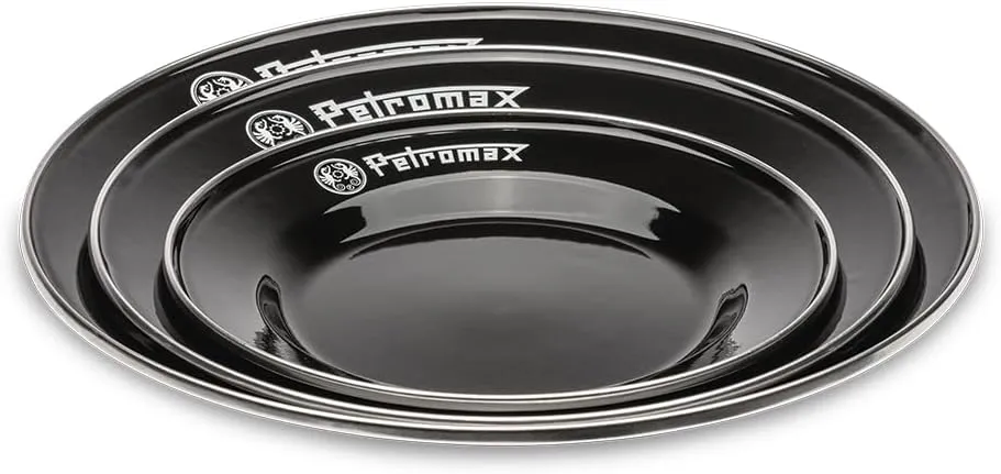 Petromax Enamelware Dinnerware Plates, Traditional Lightweight Enameled Steel Tableware for Kitchen and Camping, 2 Pack for Hot or Cold Food, 10.2 inch, Black