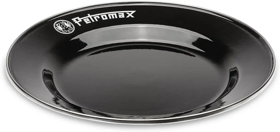 Petromax Enamelware Dinnerware Plates, Traditional Lightweight Enameled Steel Tableware for Kitchen and Camping, 2 Pack for Hot or Cold Food, 10.2 inch, Black