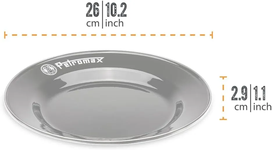 Petromax Enamelware Dinnerware Plates, Traditional Lightweight Enameled Steel Tableware for Kitchen and Camping, 2 Pack for Hot or Cold Food, 10.2 inch, Black
