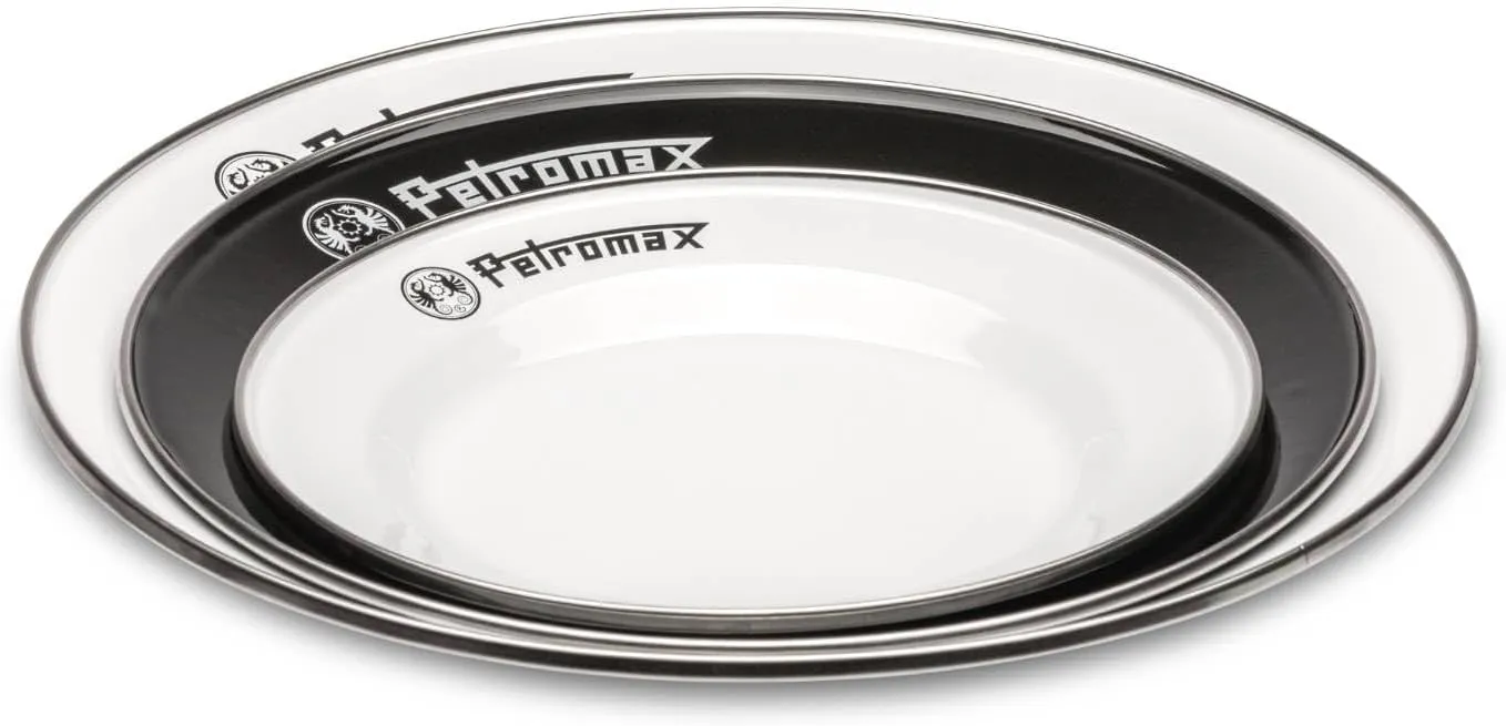 Petromax Enamelware Dinnerware Plates, Traditional Lightweight Enameled Steel Tableware for Kitchen and Camping, 2 Pack for Hot or Cold Food, 10.2 inch, White