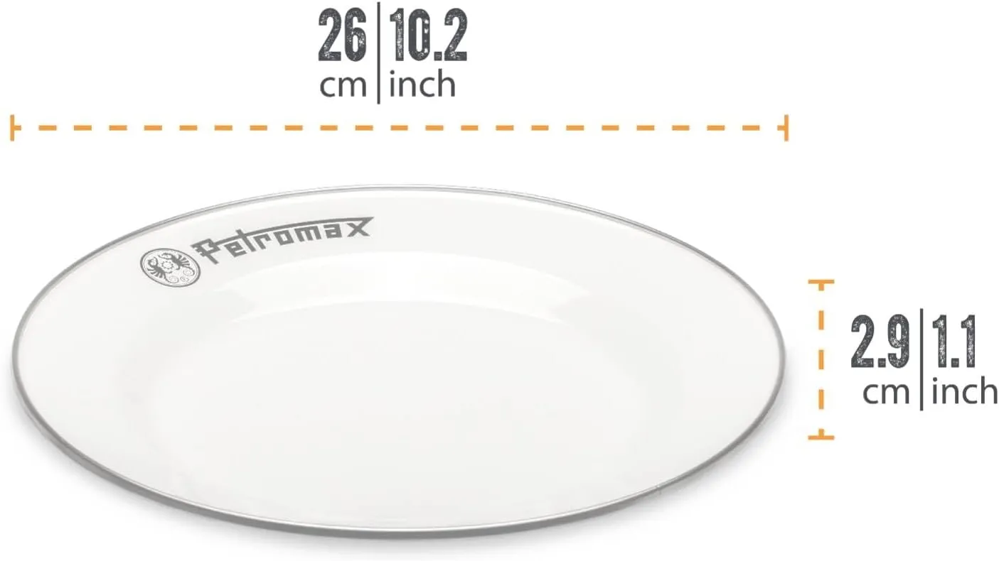 Petromax Enamelware Dinnerware Plates, Traditional Lightweight Enameled Steel Tableware for Kitchen and Camping, 2 Pack for Hot or Cold Food, 10.2 inch, White