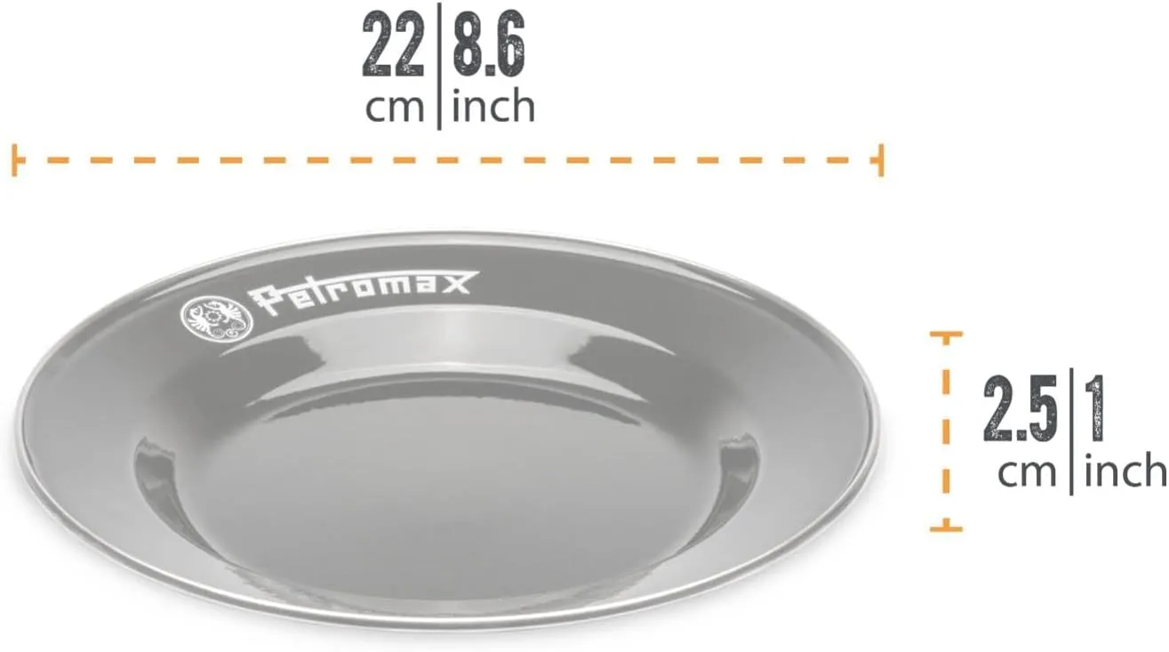 Petromax Enamelware Dinnerware Plates, Traditional Lightweight Enameled Steel Tableware for Kitchen and Camping, 2 Pack for Hot or Cold Food, 8.6 inch, Black