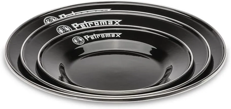 Petromax Enamelware Dinnerware Plates, Traditional Lightweight Enameled Steel Tableware for Kitchen and Camping, 2 Pack for Hot or Cold Food, 8.6 inch, Black