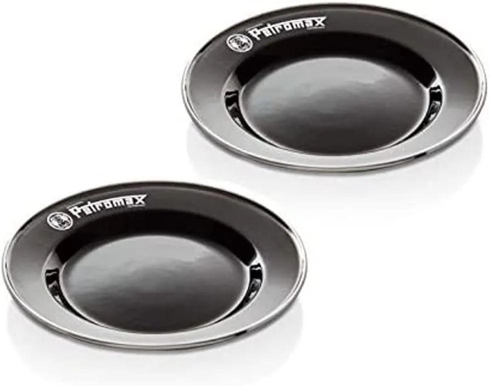 Petromax Enamelware Dinnerware Plates, Traditional Lightweight Enameled Steel Tableware for Kitchen and Camping, 2 Pack for Hot or Cold Food, 8.6 inch, Black