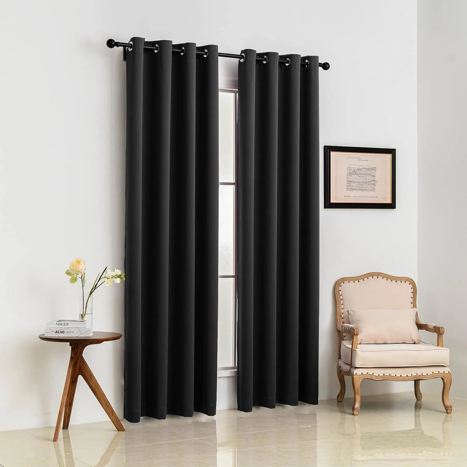 Pickluc Grommet Blackout Curtain for Living Room, Light Blocking Drapes, Thermal Insulated, Noise Reduction, 52 Inches Wide x 84 Inches Long, Black, 2 Panels