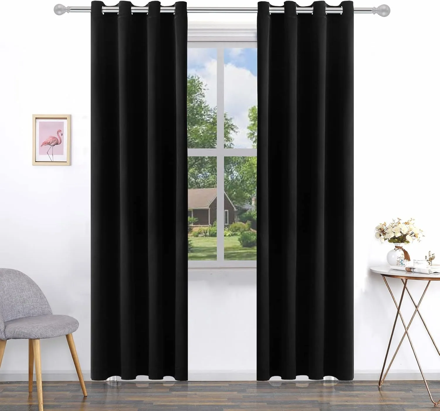 Pickluc Grommet Blackout Curtain for Living Room, Light Blocking Drapes, Thermal Insulated, Noise Reduction, 52 Inches Wide x 84 Inches Long, Black, 2 Panels