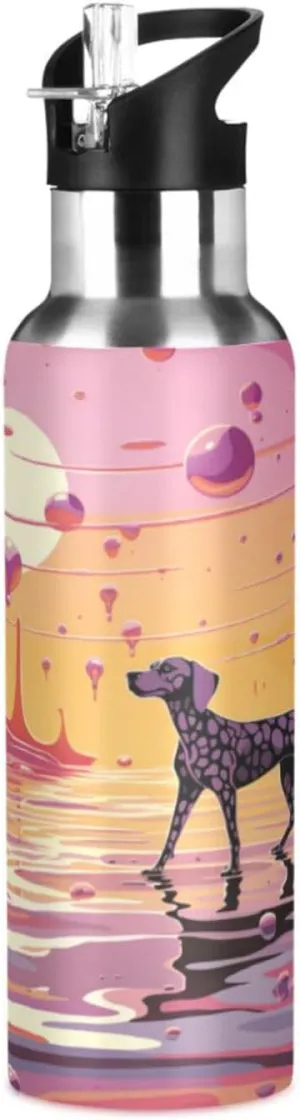 Pink Moon Dog Art Sport Water Bottle Insulated Stainless Steel Large Vacuum Flask Leak Proof Thermos with Straw for Travel(600ml/1000ml)