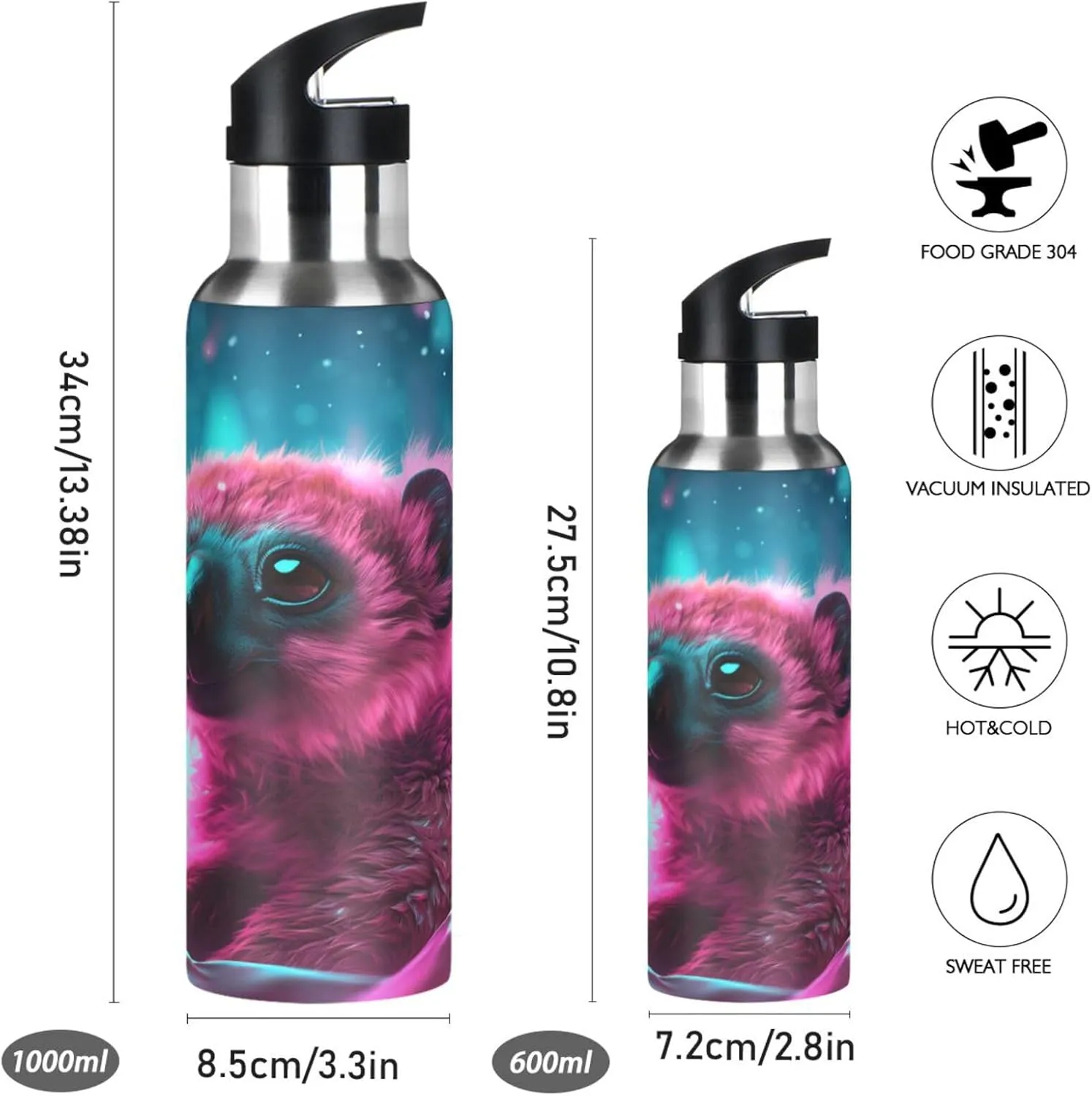 Pink Pattern Art Lemur Sport Water Bottle Insulated Stainless Steel Large Vacuum Flask Leak Proof Thermos with Straw for Travel(600ml/1000ml)