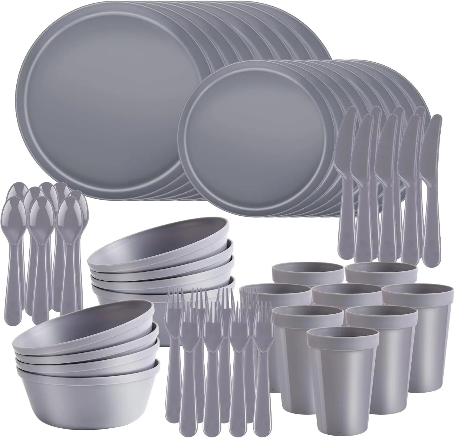 Plastic Dinnerware Sets – 40-Piece Gray Plates and Bowls Sets, Unbreakable, Reusable Dishes Set for 8 with Cups, Knives, Forks and Spoons, for Camping and Outdoor Use