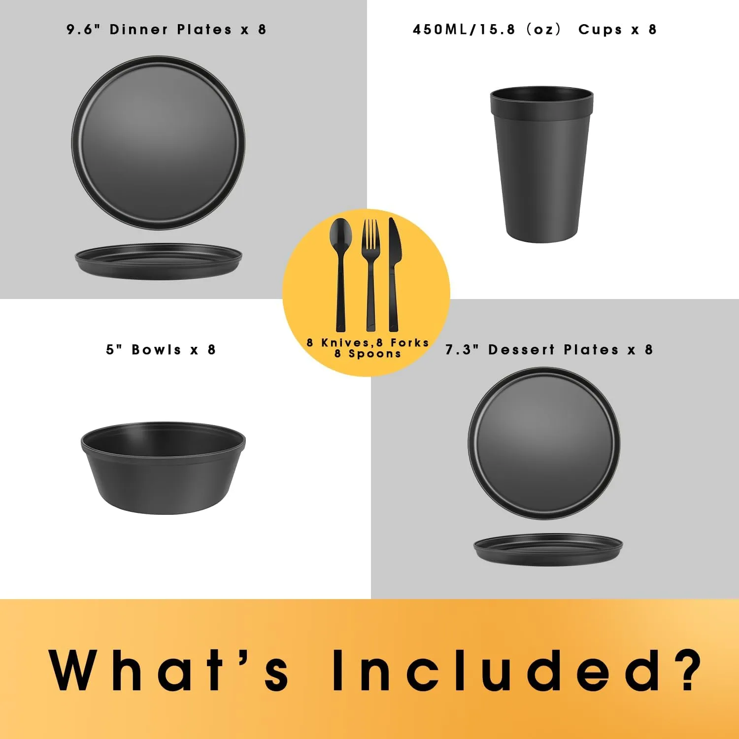 Plastic Dinnerware Sets – 40-Piece Gray Plates and Bowls Sets, Unbreakable, Reusable Dishes Set for 8 with Cups, Knives, Forks and Spoons, for Camping and Outdoor Use