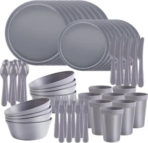 Plastic Dinnerware Sets – 40-Piece Gray Plates and Bowls Sets, Unbreakable, Reusable Dishes Set for 8 with Cups, Knives, Forks and Spoons, for Camping and Outdoor Use