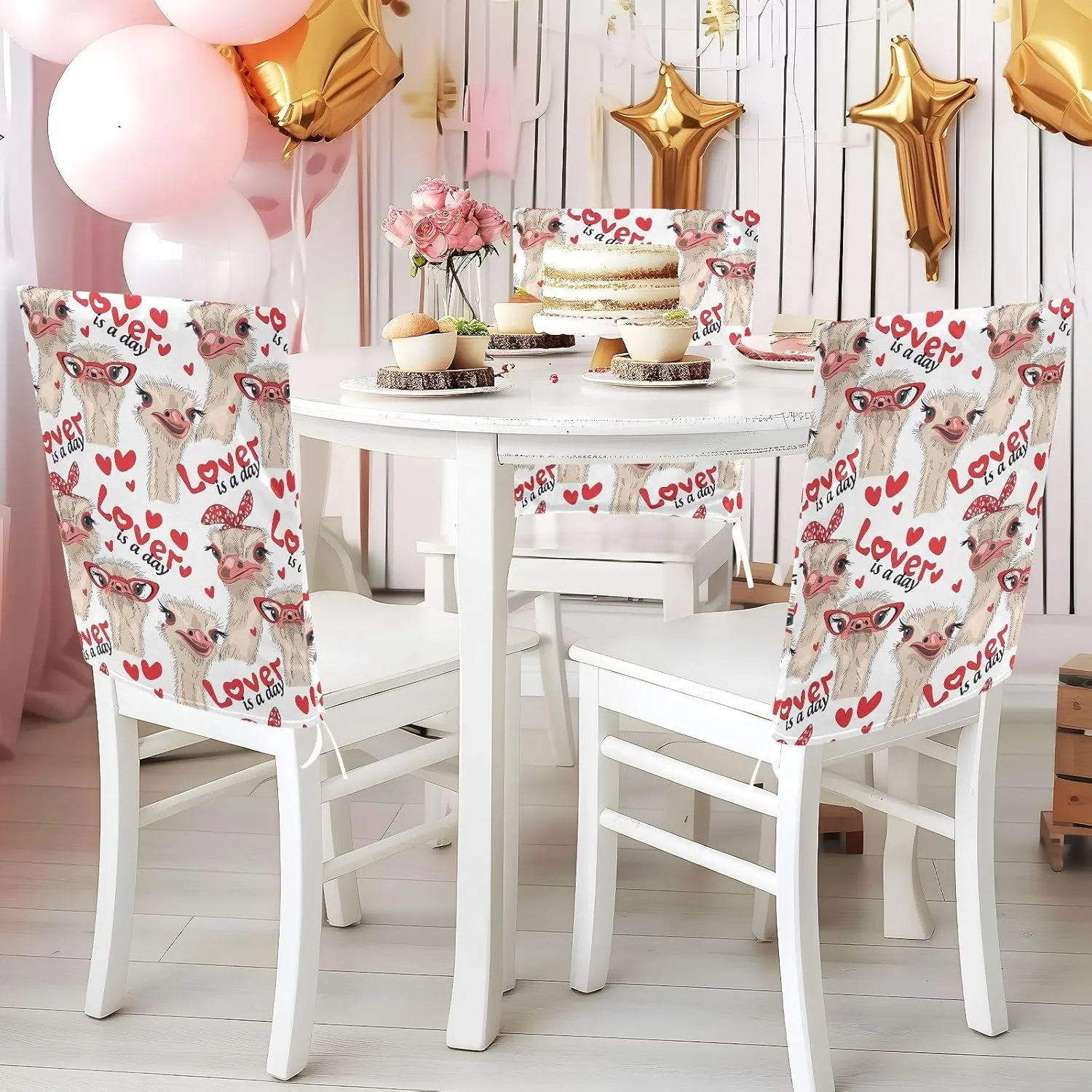 Poeticcity 6 Packs Dining Chair Slipcovers, Universal Fit Stretch Washable Seat Protector Chair Cover Removable for Home Seamless Ostriches with Red Glasses Hairpins Lover is a Day