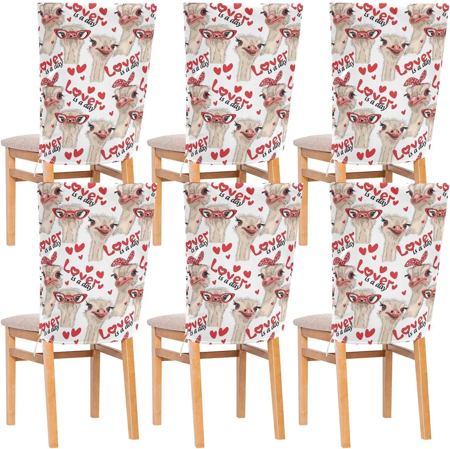Poeticcity 6 Packs Dining Chair Slipcovers, Universal Fit Stretch Washable Seat Protector Chair Cover Removable for Home Seamless Ostriches with Red Glasses Hairpins Lover is a Day