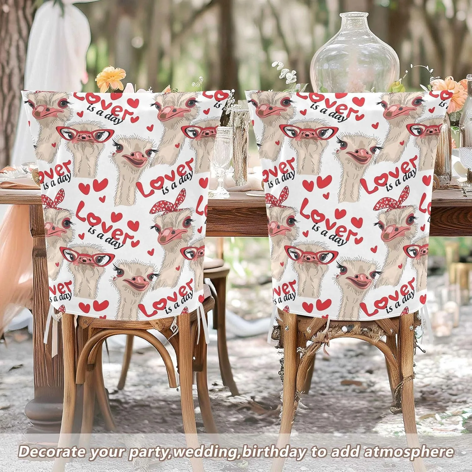 Poeticcity 6 Packs Dining Chair Slipcovers, Universal Fit Stretch Washable Seat Protector Chair Cover Removable for Home Seamless Ostriches with Red Glasses Hairpins Lover is a Day