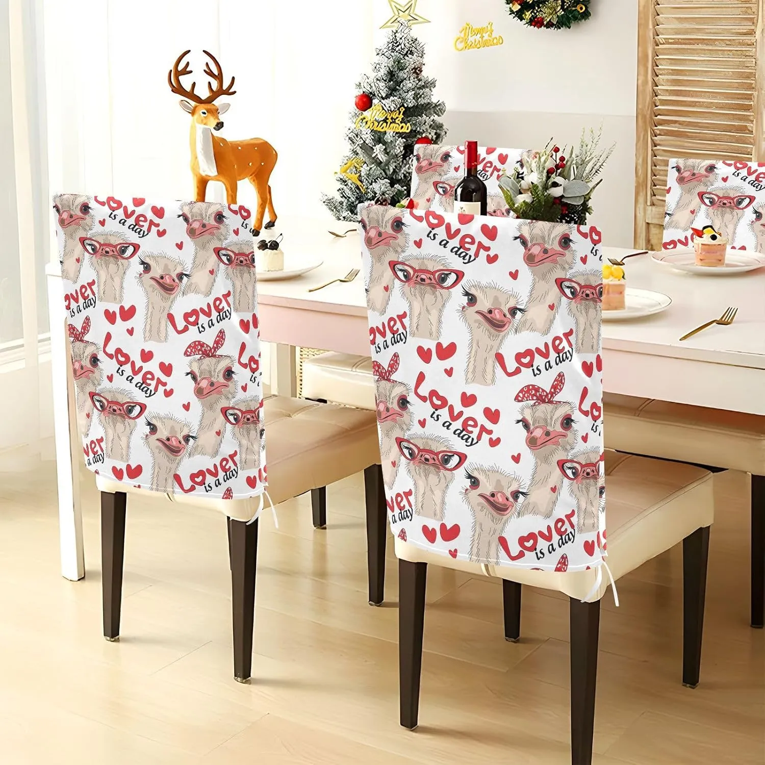 Poeticcity 6 Packs Dining Chair Slipcovers, Universal Fit Stretch Washable Seat Protector Chair Cover Removable for Home Seamless Ostriches with Red Glasses Hairpins Lover is a Day