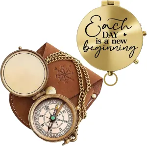 Polish Brass Pocket Compass Hiking Survival – “Each Day is A New Beginning” Engraved Nautical Compass with Leather Case, Personalized Vintage Outdoor Navigation Gift