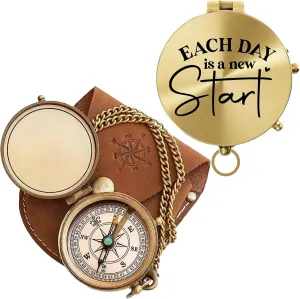 Polish Brass Pocket Compass with Leather Case – “Each Day is a Start” Engraved Quote – Vintage Nautical Personalized Gift for Son, Daughter, Husband – Hiking, Graduation, Adventure Gear
