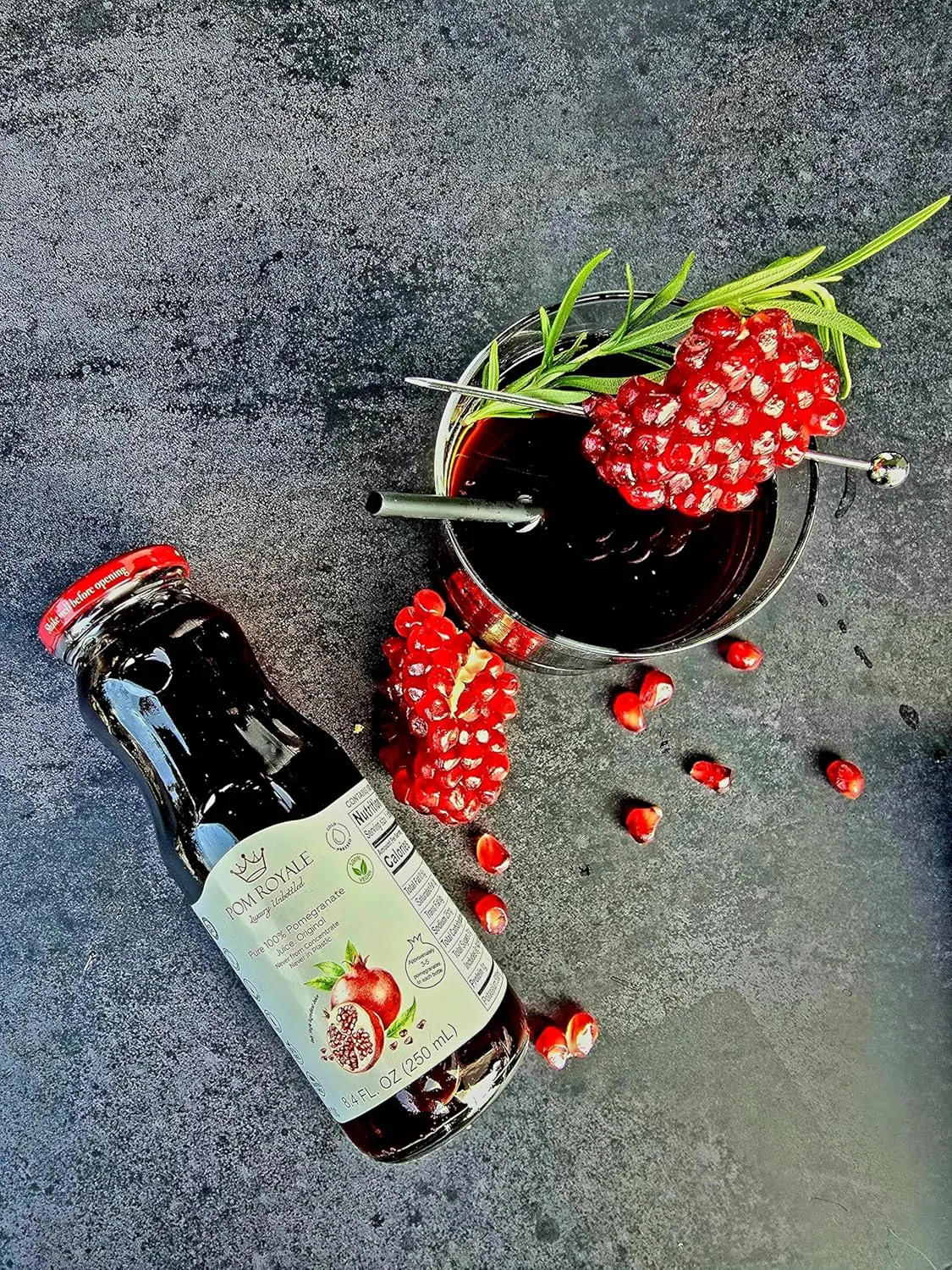 Pom Royale Pomegranate Juice (No Pulp), 8.4 fl oz (250mL), 15-Pack, Cold-Pressed, No Preservatives, Glass Bottle for Freshness
