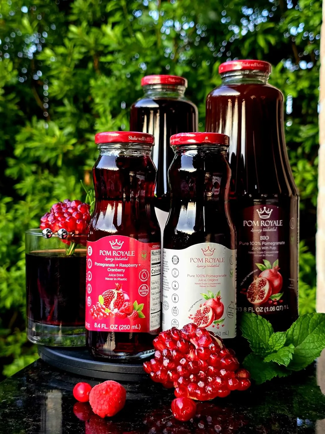 Pom Royale Pomegranate Juice (No Pulp), 8.4 fl oz (250mL), 15-Pack, Cold-Pressed, No Preservatives, Glass Bottle for Freshness