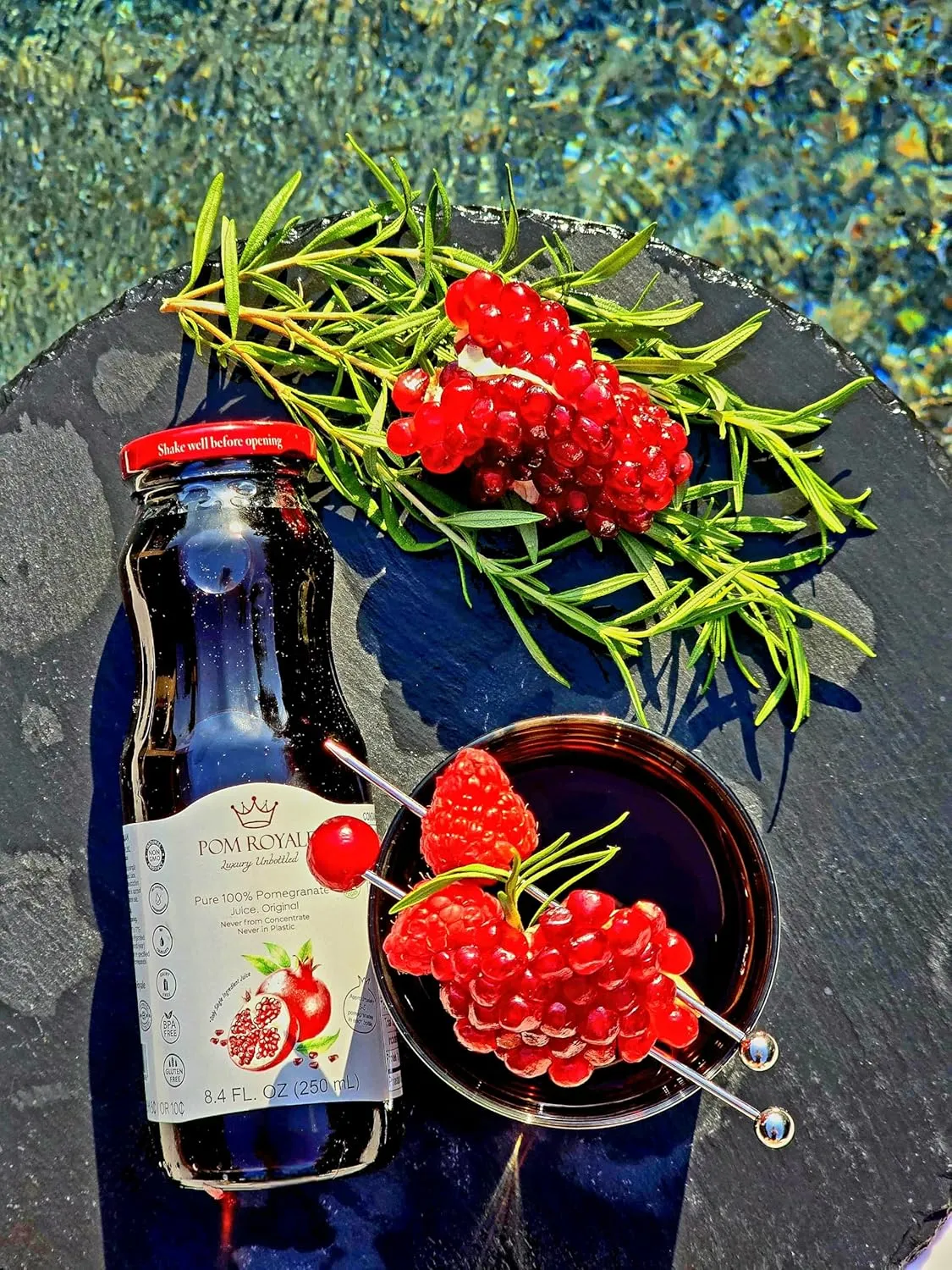 Pom Royale Pomegranate Juice (No Pulp), 8.4 fl oz (250mL), 15-Pack, Cold-Pressed, No Preservatives, Glass Bottle for Freshness