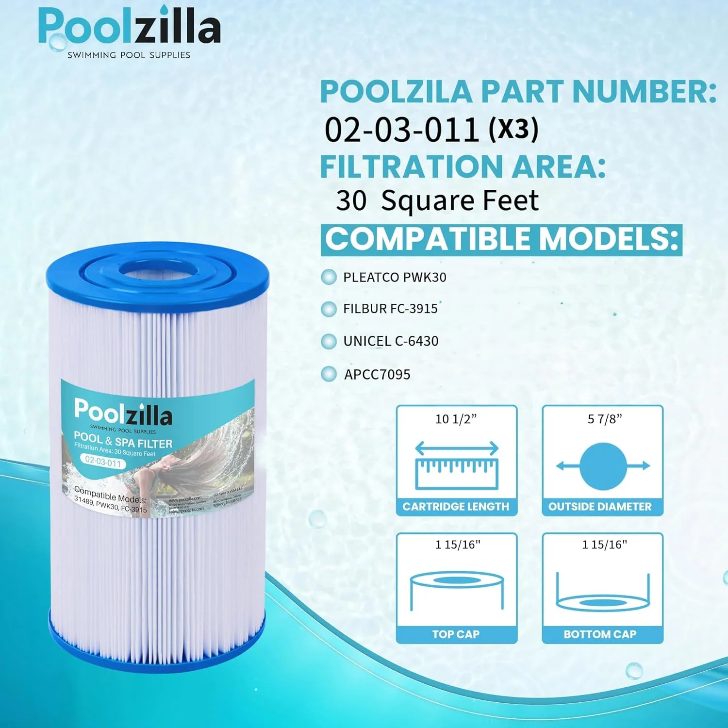 Poolzilla 3-Pack Replacement for Spa Filter C-6430, Pleatco PWK30, Filbur FC-3915, Unicel C-6430, APCC7095, PDC510-AFS, PKW30, SD-01242- Hot Tub Filter Cartridge (L x OD: 10 1/2” x 5 7/8”)
