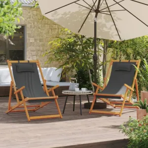 Portable and Adjustable Folding Beach Chairs, 2 Pcs, Gray Fabric, Reclining Positions for Ultimate Relaxation