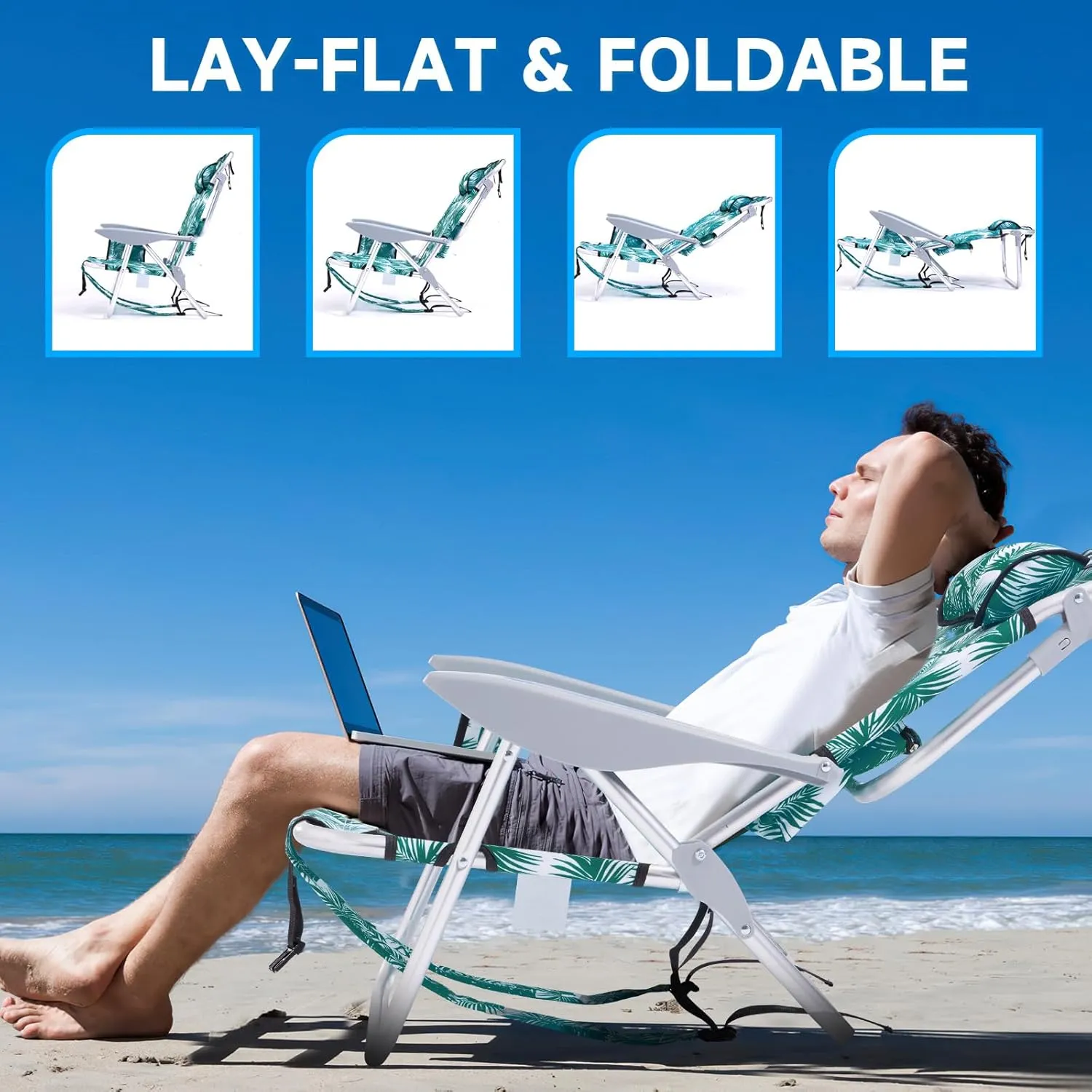 Portable Beach Chair for Adults, Outdoor Lightweight Camping Chair Lay Flat Folding Backpack Beach Reclining Chair with 4 Positions, Headrest, Cooler Pouch, Cup Holder