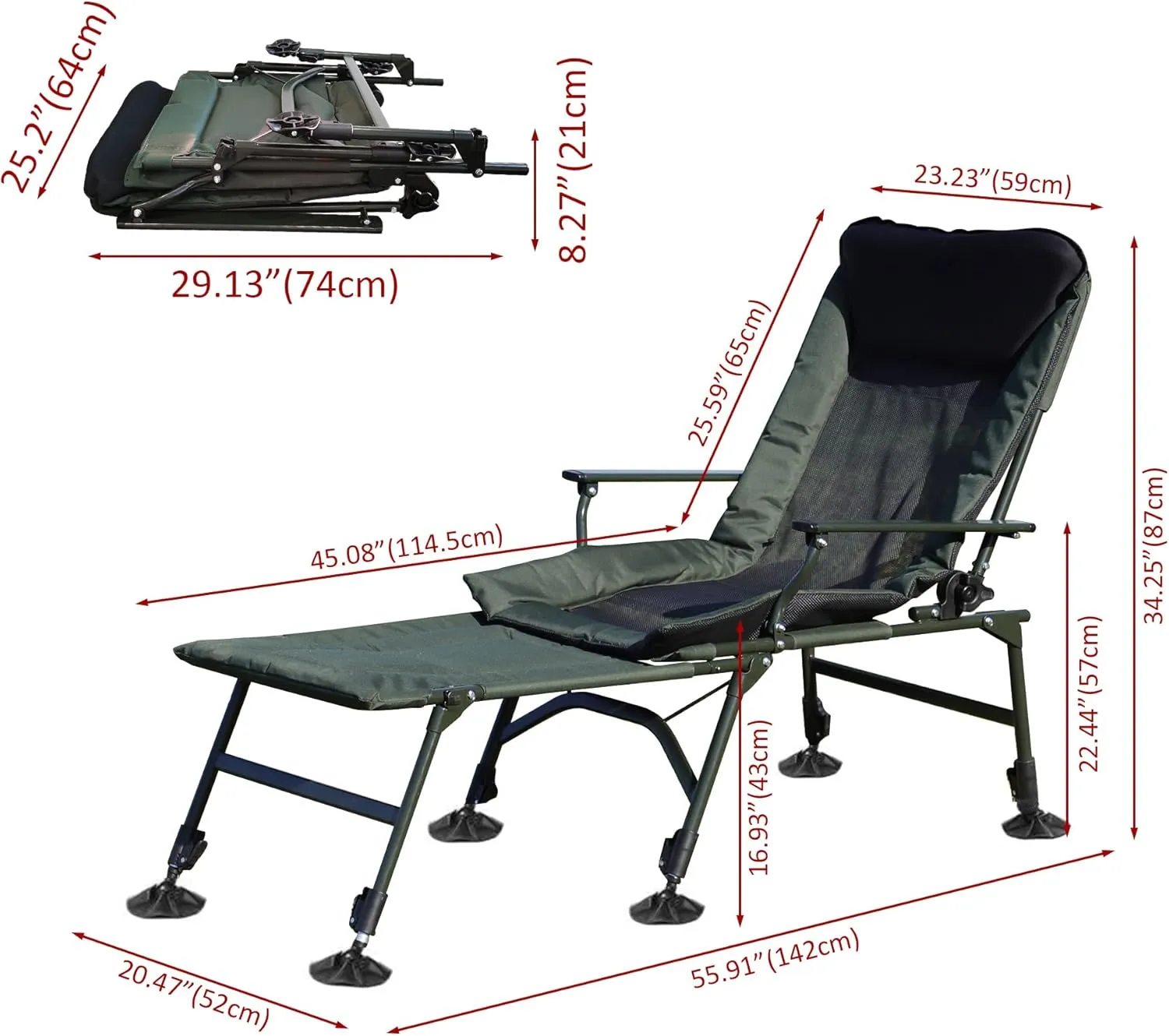Portable Camping Chair, Folding Reclining Lounge Chair with Detachable Footrest, Adjustable Backrest, Outdoor Chair for Indoor/Outdoor Use