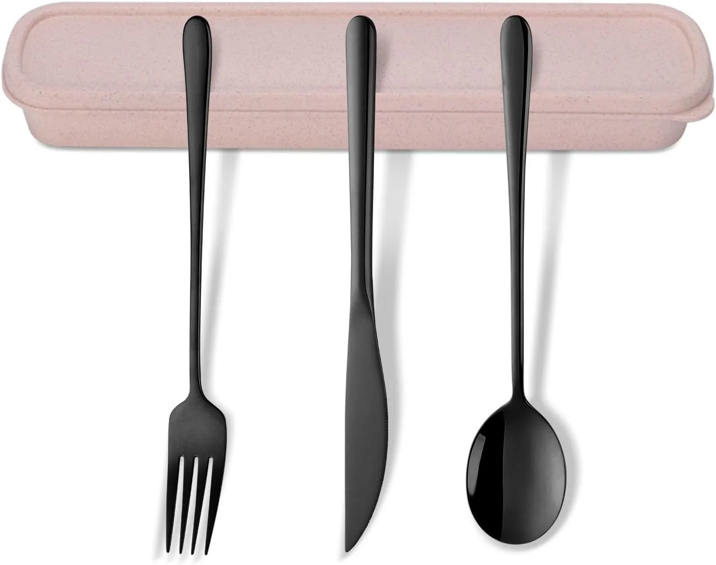 Portable Flatware Set with Case, 4pcs Stainless Steel Travel Utensils Set Reusable Cutlery Set, Including Knife Fork Spoon with Case, Dishwasher Safe, for To Go Anywhere (Black Wheat)