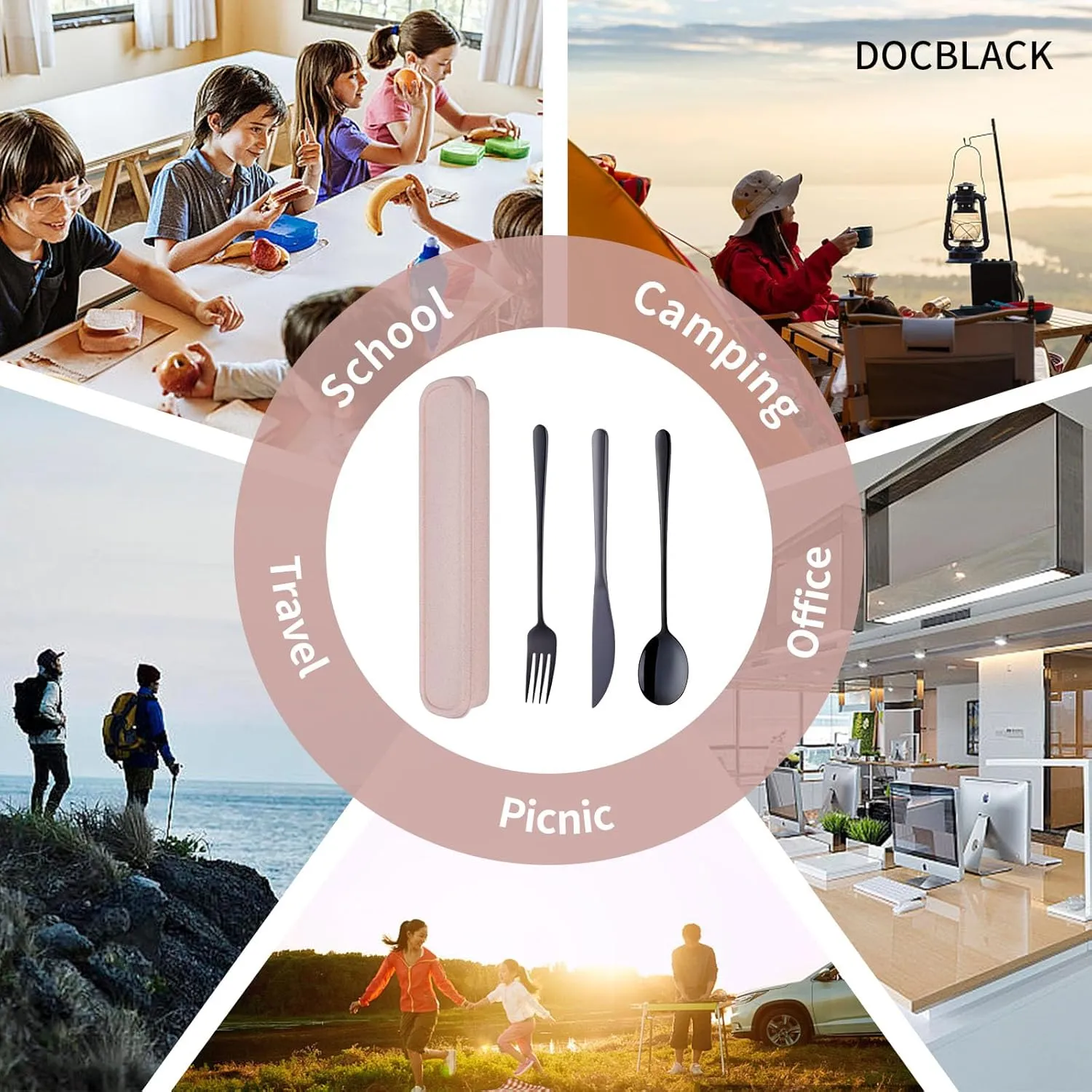 Portable Flatware Set with Case, 4pcs Stainless Steel Travel Utensils Set Reusable Cutlery Set, Including Knife Fork Spoon with Case, Dishwasher Safe, for To Go Anywhere (Black Wheat)