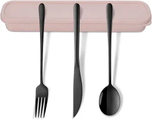 Portable Flatware Set with Case, 4pcs Stainless Steel Travel Utensils Set Reusable Cutlery Set, Including Knife Fork Spoon with Case, Dishwasher Safe, for To Go Anywhere (Black Wheat)