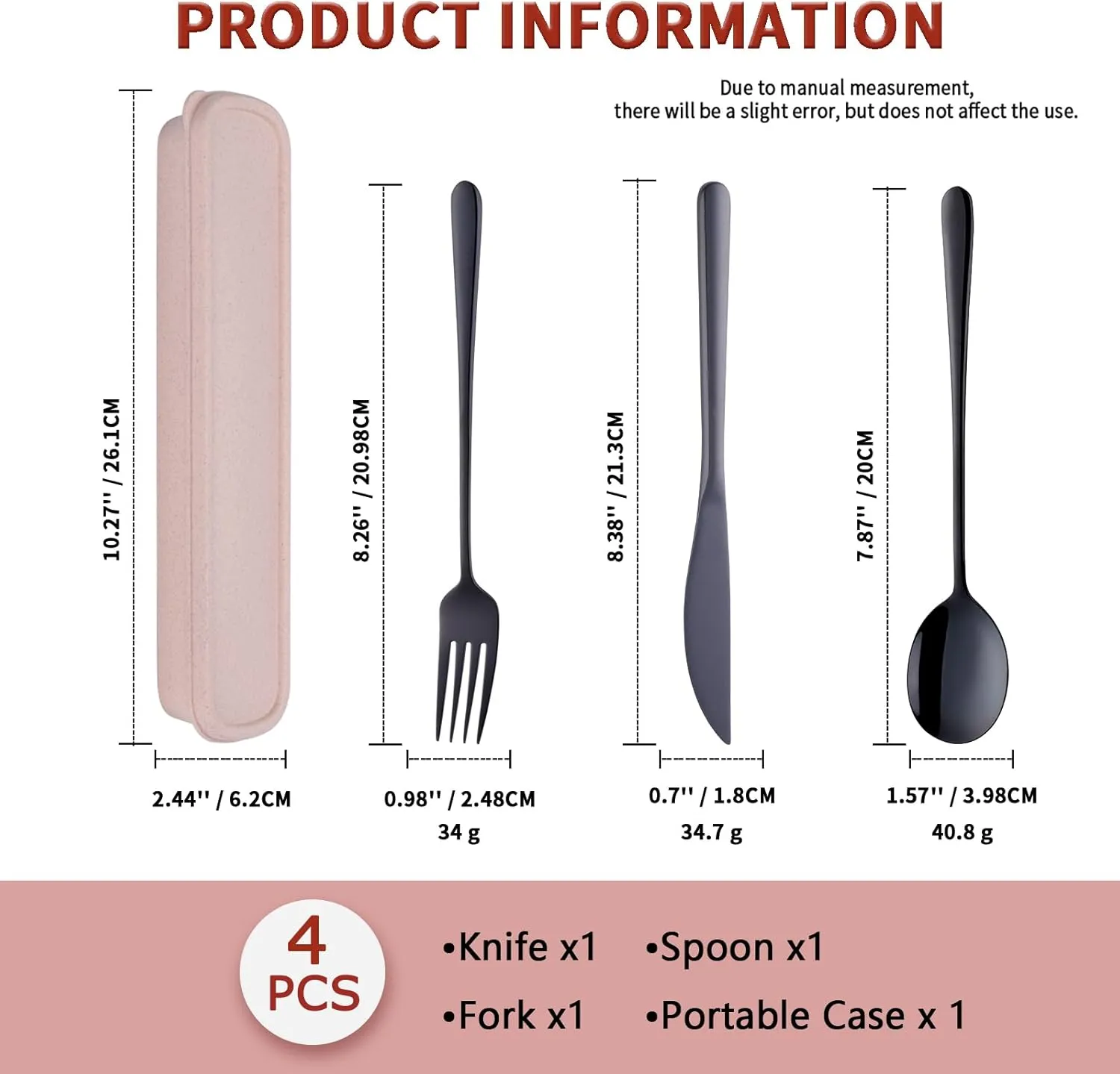 Portable Flatware Set with Case, 4pcs Stainless Steel Travel Utensils Set Reusable Cutlery Set, Including Knife Fork Spoon with Case, Dishwasher Safe, for To Go Anywhere (Black Wheat)