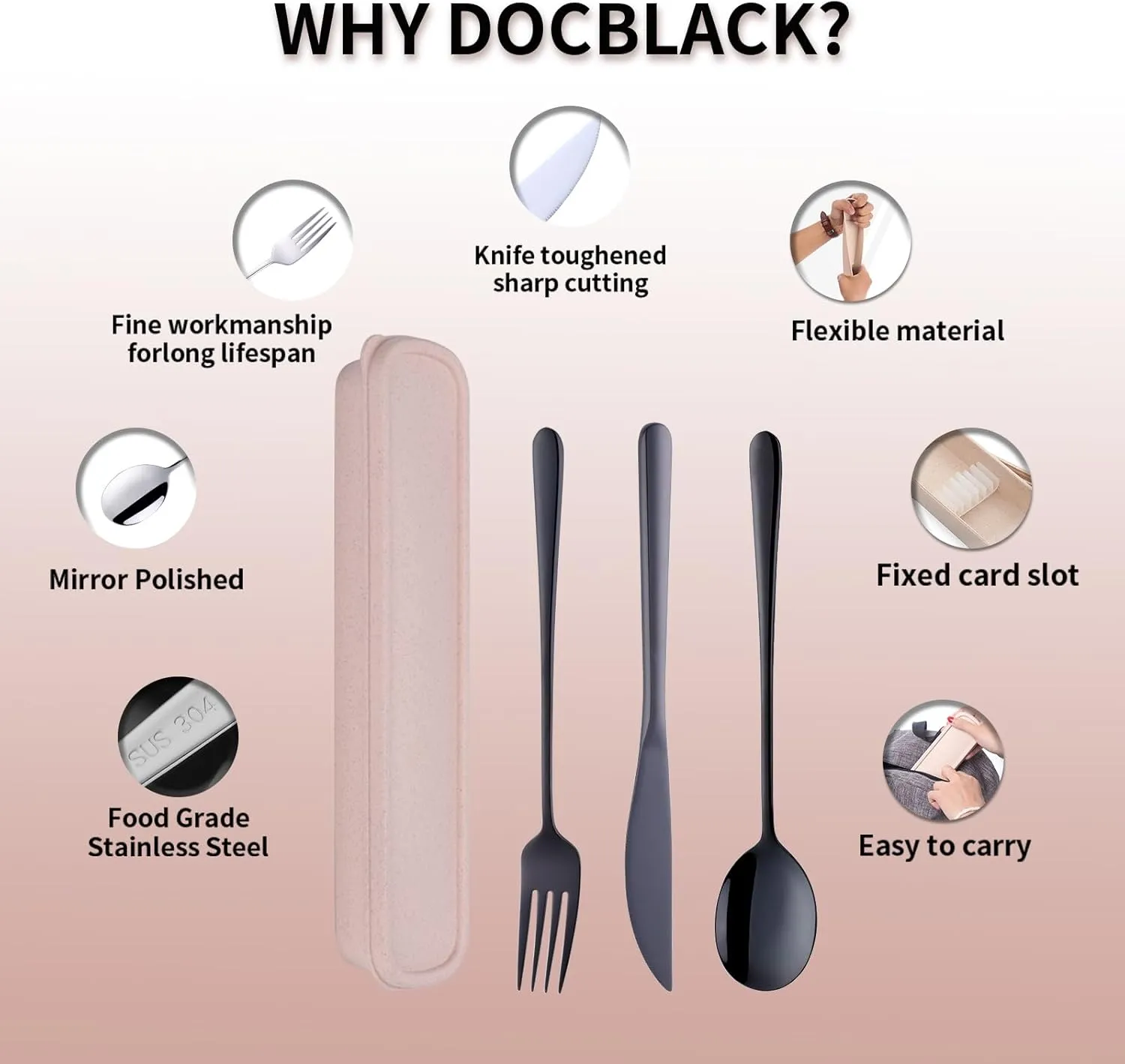 Portable Flatware Set with Case, 4pcs Stainless Steel Travel Utensils Set Reusable Cutlery Set, Including Knife Fork Spoon with Case, Dishwasher Safe, for To Go Anywhere (Black Wheat)