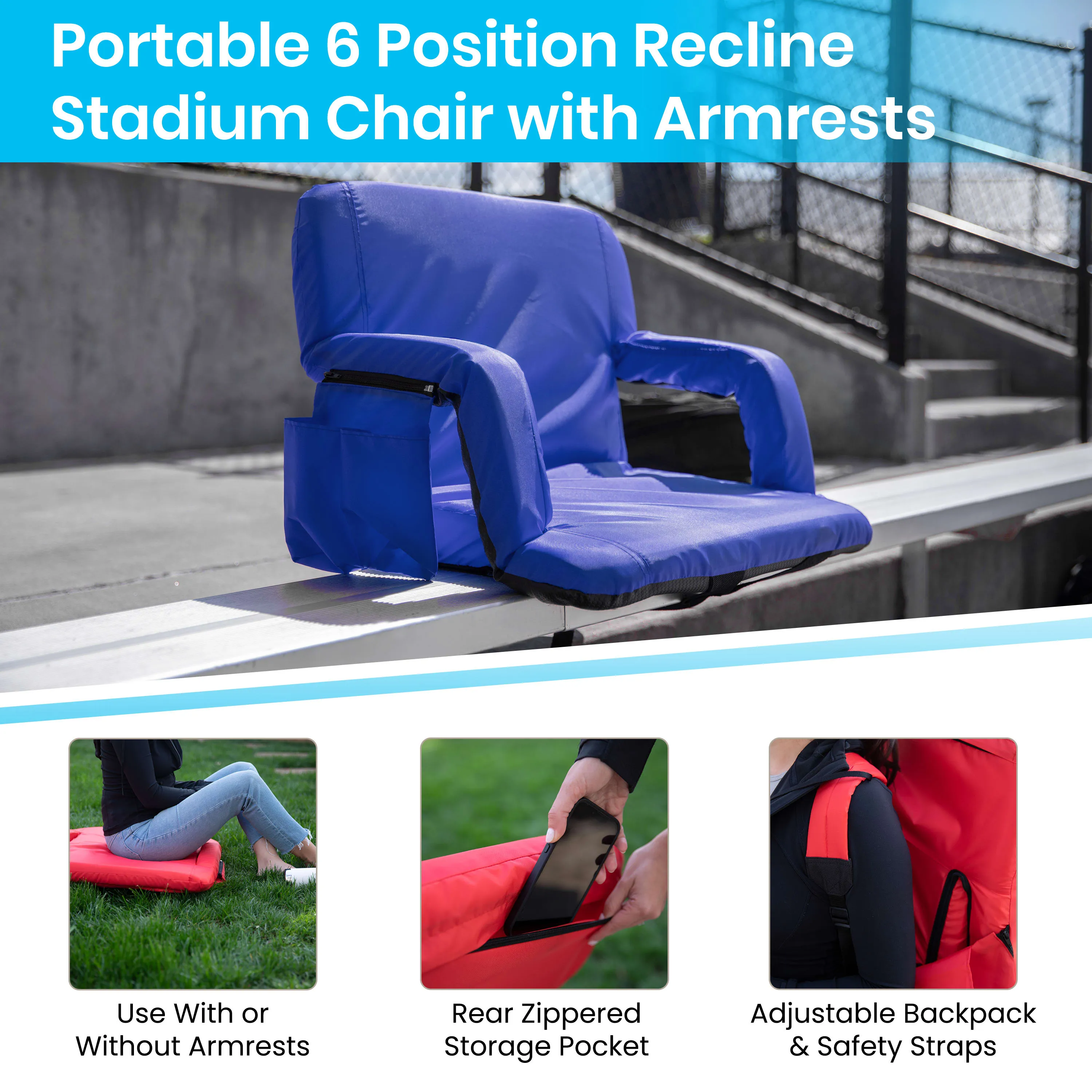 Portable Lightweight Reclining Stadium Chair with Armrests, Padded Back & Seat with Dual Storage Pockets and Backpack Straps