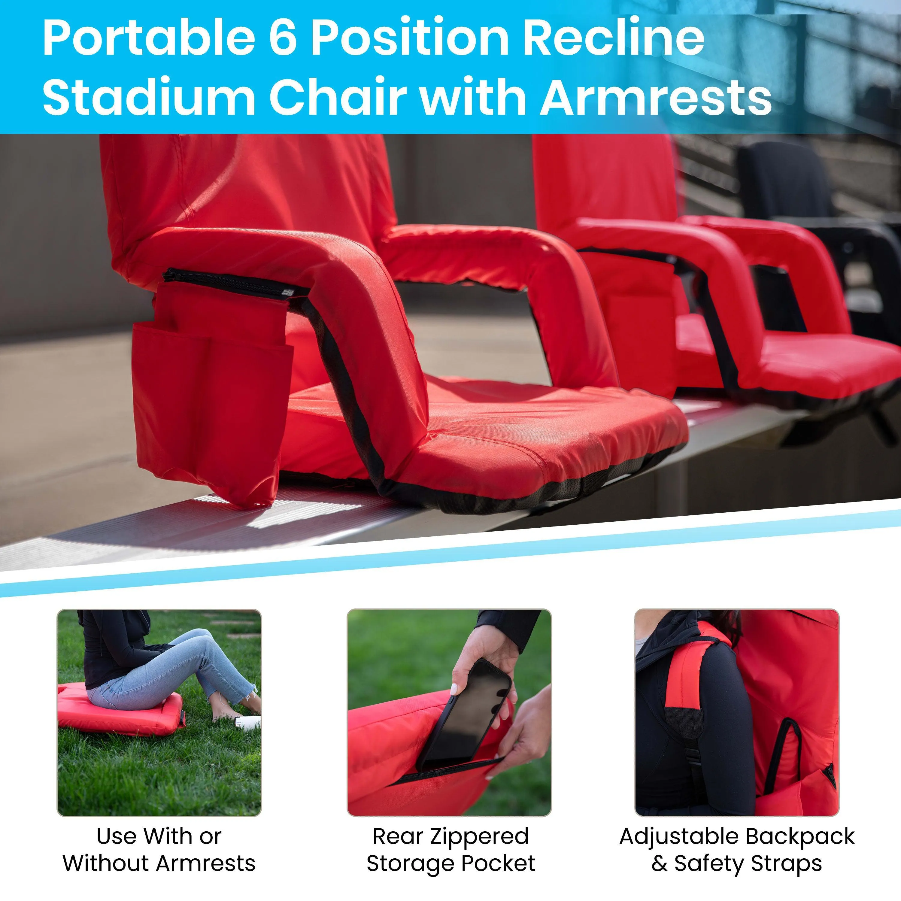 Portable Lightweight Reclining Stadium Chair with Armrests, Padded Back & Seat with Dual Storage Pockets and Backpack Straps