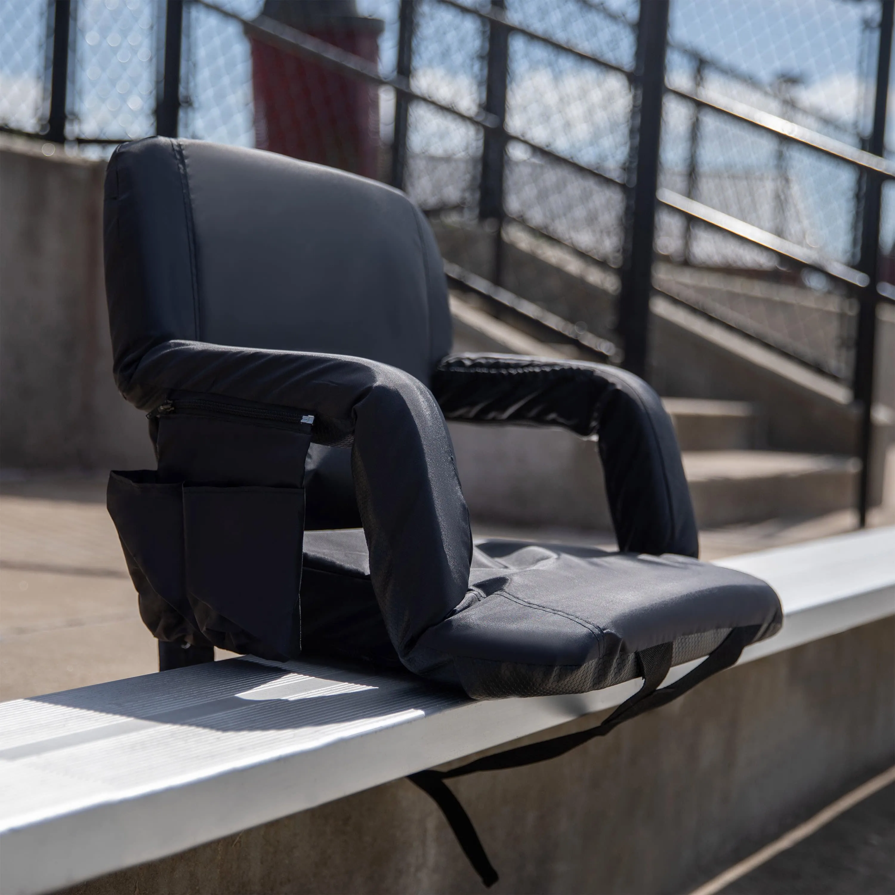 Portable Lightweight Reclining Stadium Chair with Armrests, Padded Back & Seat with Dual Storage Pockets and Backpack Straps