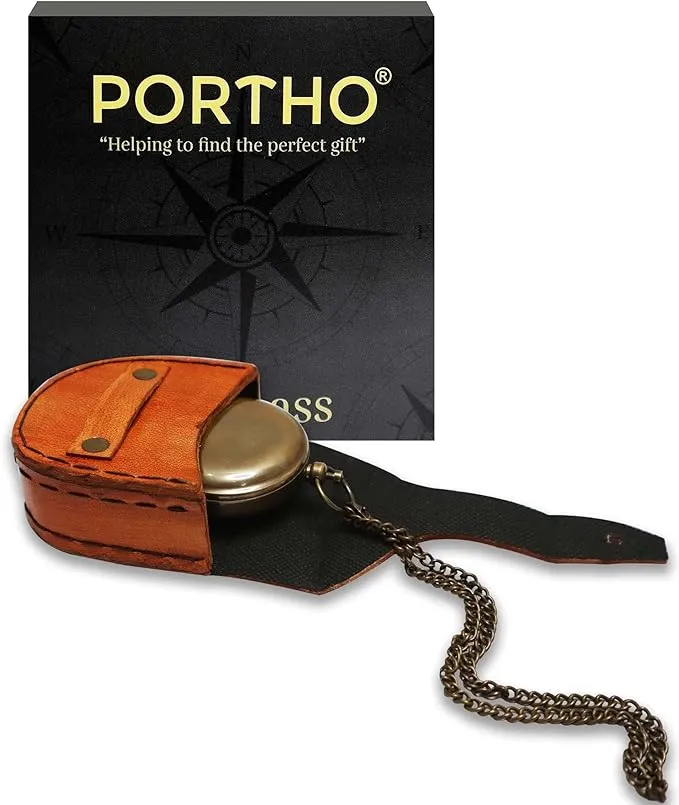 PORTHO Engraved Sundial compass with leather case for Traveler Inspirational Adventurer Wedding Baptism Gift for him