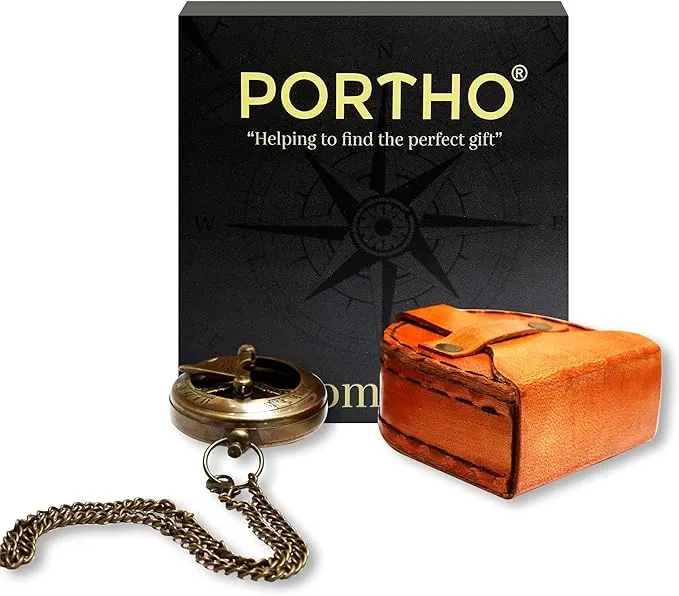 PORTHO Engraved Sundial compass with leather case for Traveler Inspirational Adventurer Wedding Baptism Gift for him